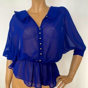 I.ner Sheer Royal Blue Chiffon Blouse Gold Buttons M NEW